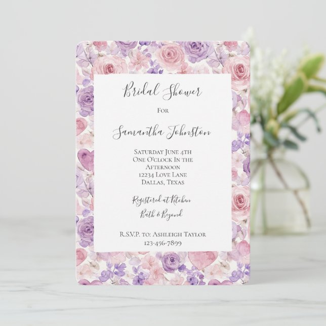 Invitation Fleurs Roses Violettes Blush Cœurs Mariage (Debout devant)