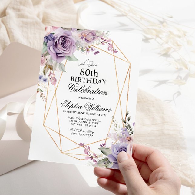 Invitation Fleurs Roses violettes et bleues 80 anniversaire (Créateur téléchargé)