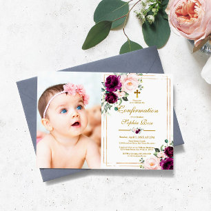 Invitation Fleurs Roses violettes et bleues Confirmation de l