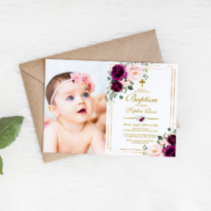 Invitation Fleurs Roses violettes et bleues Photo Girl Baptêm
