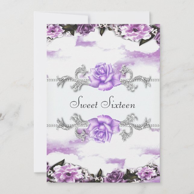 Invitation Fleurs Roses Violettes Fête Douce Seize Ans Violet (Devant)
