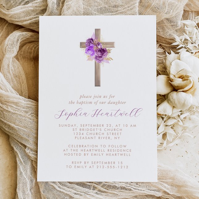 Invitation Fleurs Roses Violettes Or Croix Fille Baptême (Créateur téléchargé)