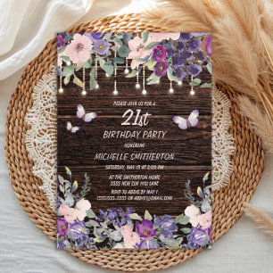Invitation Fleurs Roses Violettes Papillons Bois Rustique 21è