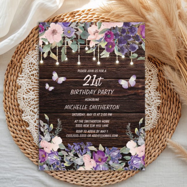 Invitation Fleurs Roses Violettes Papillons Bois Rustique 21è (Purple and pink watercolor floral and butterflies on rustic wood 21st birthday party invitation)