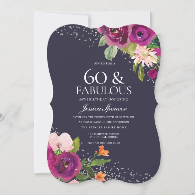 Invitation Fleurs roses violettes Retour 60e fête d'anniversa (Devant)