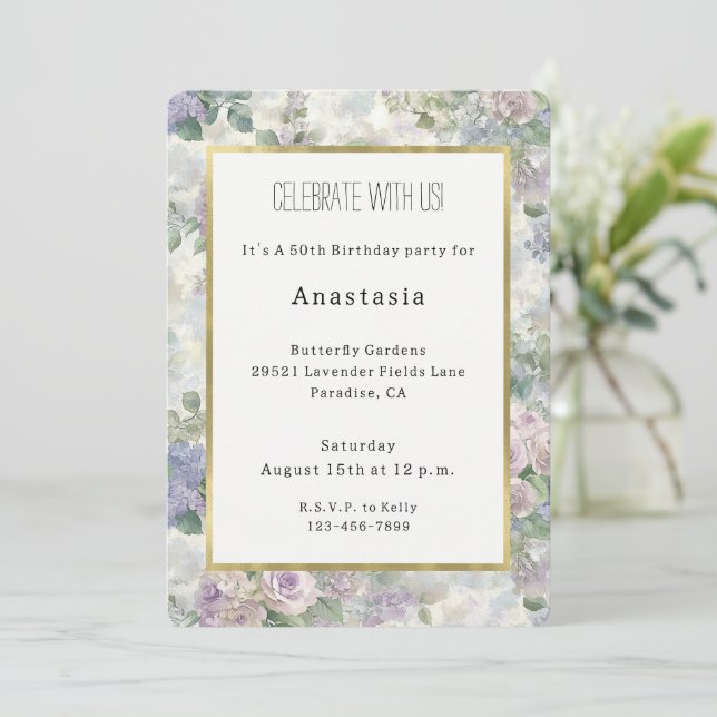 Invitation Fleurs roses violettes romantiques Anniversaire (Debout devant)