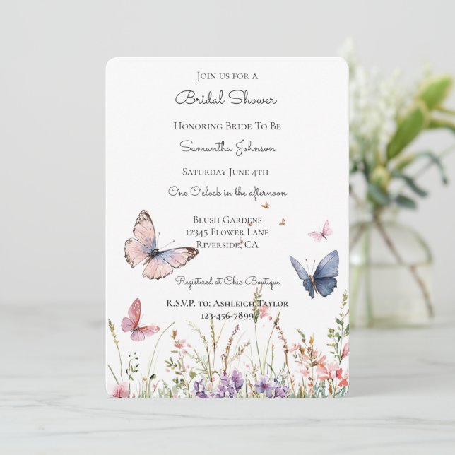 Invitation Fleurs Roses Violettes Rouges Papillon Mariage   (Debout devant)