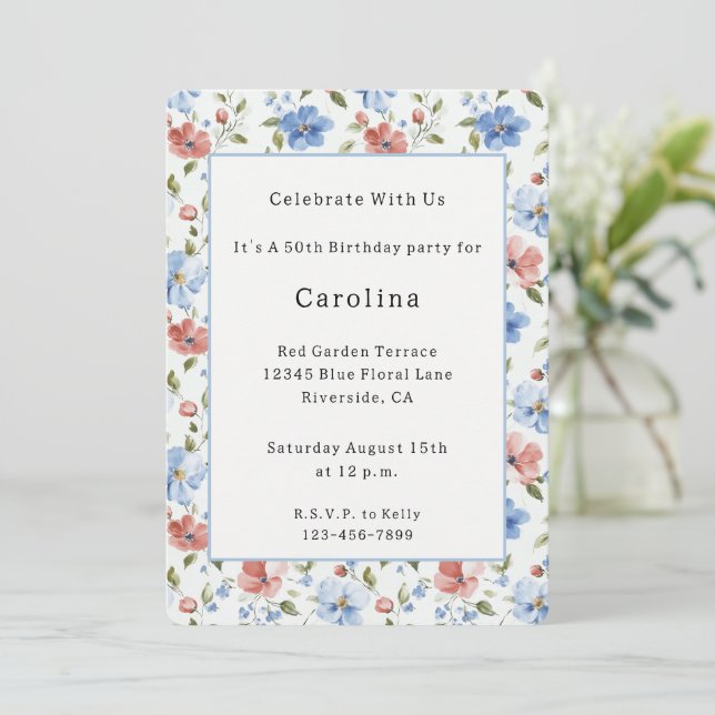 Invitation Fleurs Rouge Blanc Bleu Anniversaire (Debout devant)