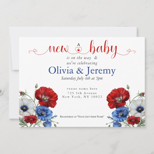 Invitation Fleurs Rouge Blanc et Bleu pour Baby Shower (Devant)