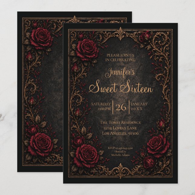Invitation Fleurs rouge foncé gothique Sweet 16 (Devant / Derrière)