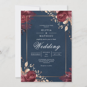 Invitation Fleurs Rouge Profond Mariage à Bordure Navy