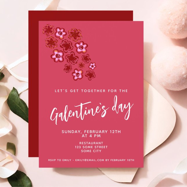Invitation Fleurs Rouge Rose Amies Galentine`s Day (Créateur téléchargé)