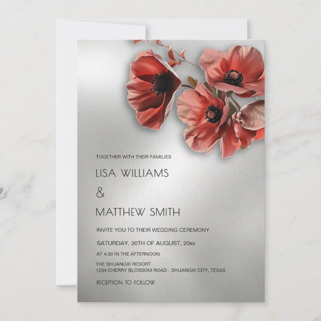 Invitation Fleurs Rouges Argent Élégantes | Photo de Mariage (Devant)