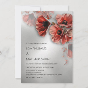 Invitation Fleurs Rouges Argent Élégantes Photo Mariage