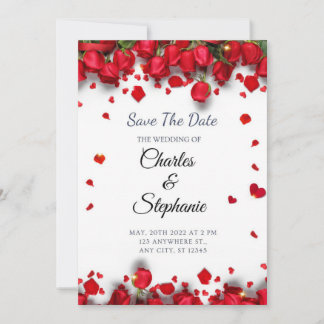 Invitation Fleurs rouges avec des cœurs rouges romantiques