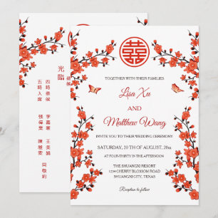 Invitation Fleurs rouges bilingues Mariage chinois