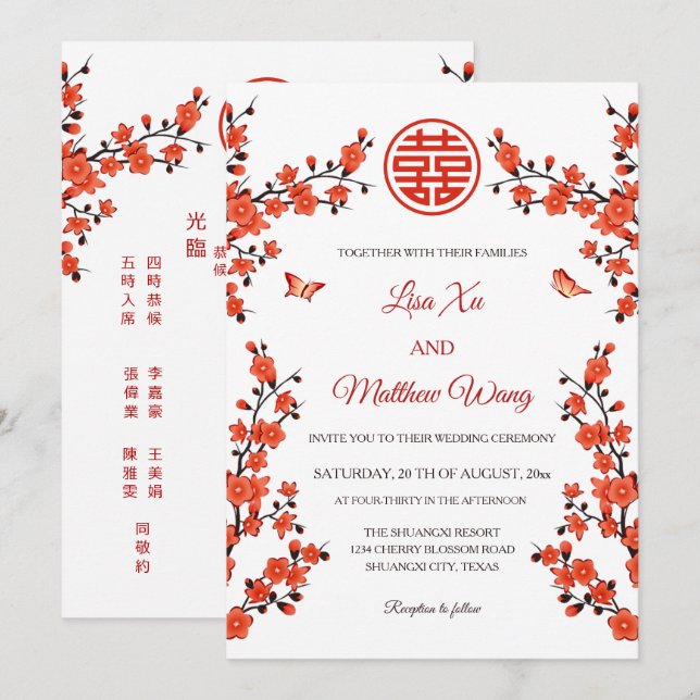 Invitation Fleurs rouges bilingues | Mariage chinois (Devant / Derrière)