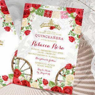 Invitation Fleurs rouges blanches Fiesta Quinceañera colorée