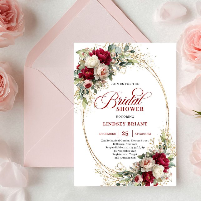 Invitation Fleurs rouges blanches intemporelles Mariage doré (Timeless Red White Flowers Gold Bridal Shower)