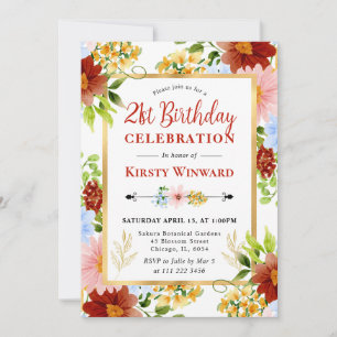 Invitation Fleurs Rouges, Bleues et Jaunes 21ème Anniversaire
