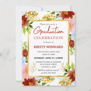 Invitation Fleurs Rouges, Bleues et Jaunes Graduation