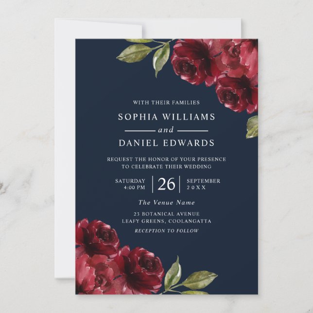 Invitation Fleurs rouges bordeaux, Mariage bleu marine (Devant)