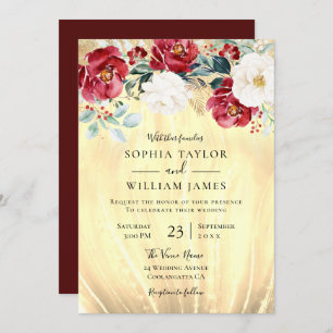 Invitation Fleurs rouges bordeaux Mariage de Parties scintill