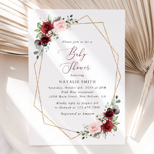 Invitation Fleurs Rouges Bourgogne, Fleurs Roses, Baby shower