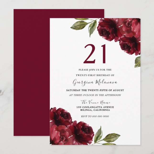 Invitation Fleurs rouges bourguignonnes 21ème anniversaire (Devant / Derrière)