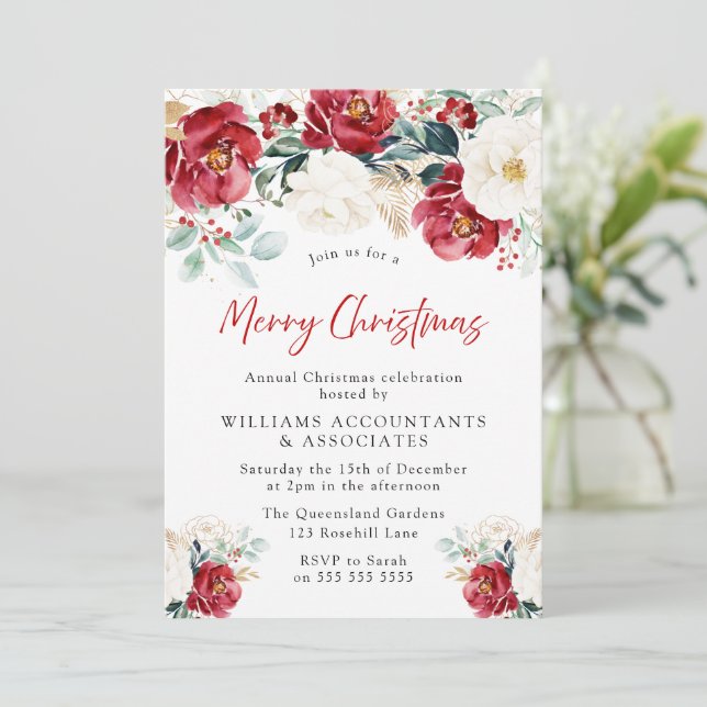 Invitation Fleurs rouges bourguignonnes Joyeux Noël (Debout devant)