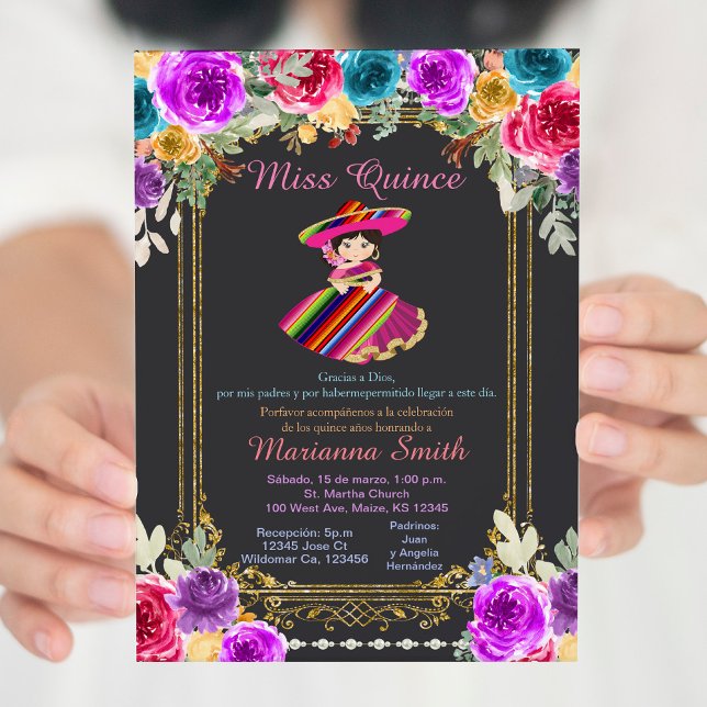 Invitation Fleurs Rouges Charro Or Quinceañera (Créateur téléchargé)