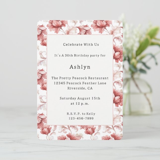 Invitation Fleurs Rouges Chic Élégantes Anniversaire (Debout devant)