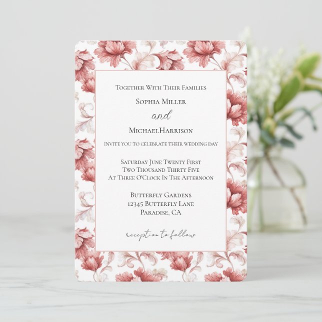 Invitation Fleurs Rouges Chic Mariage Élégant (Debout devant)