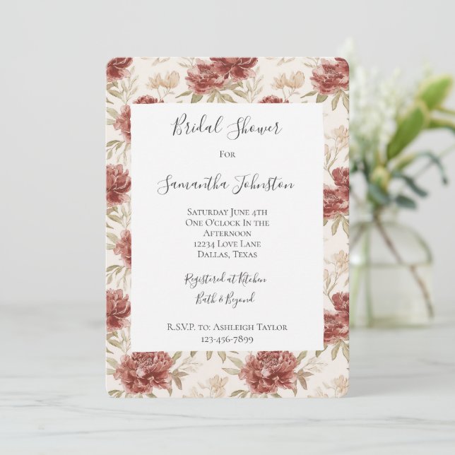 Invitation Fleurs Rouges Crème Baby Shower (Debout devant)