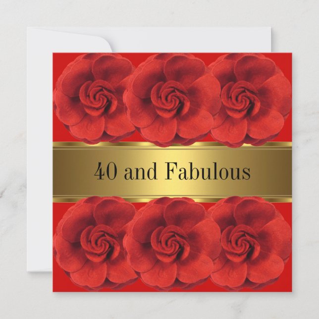 Invitation Fleurs Rouges Élégantes Or Fabuleux 40 ans (Devant)