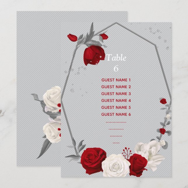 Invitation fleurs rouges et blanches assise tableau numéro du (Devant / Derrière)