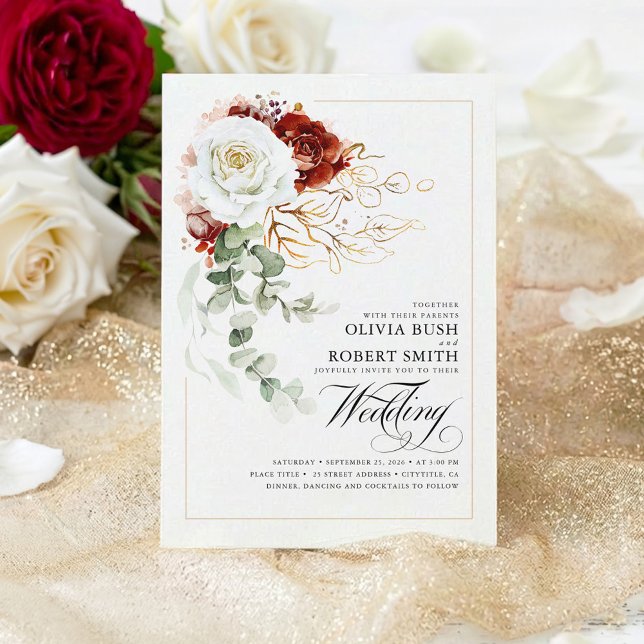Invitation Fleurs rouges et blanches bordeaux Mariage élégant (Burgundy Red and White Botanical Flowers Chic Wedding Invitation)