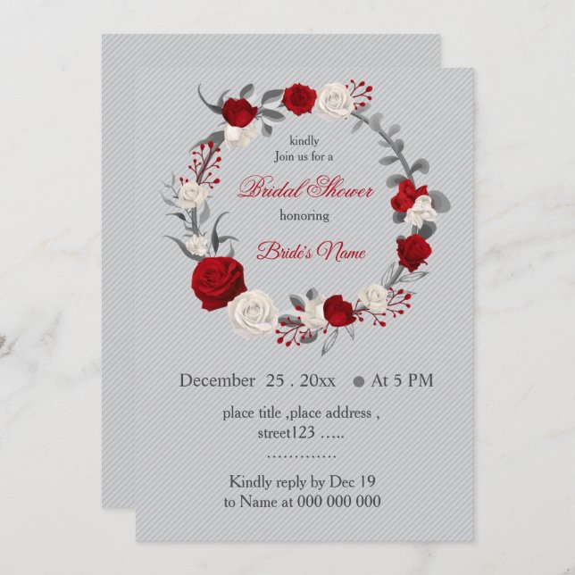 Invitation fleurs rouges et blanches couronne douche nuptiale (Devant / Derrière)
