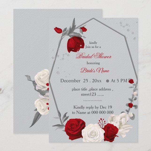 Invitation fleurs rouges et blanches douche géométrique (Devant / Derrière)