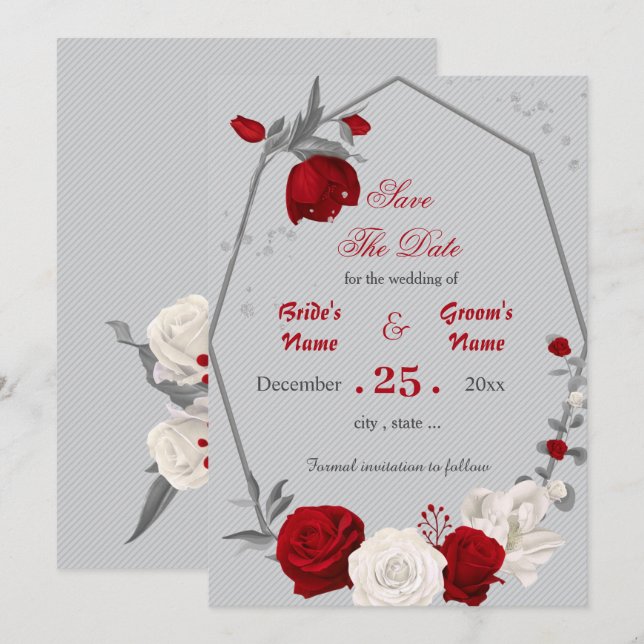 Invitation fleurs rouges et blanches géométrique enregistrer  (Devant / Derrière)