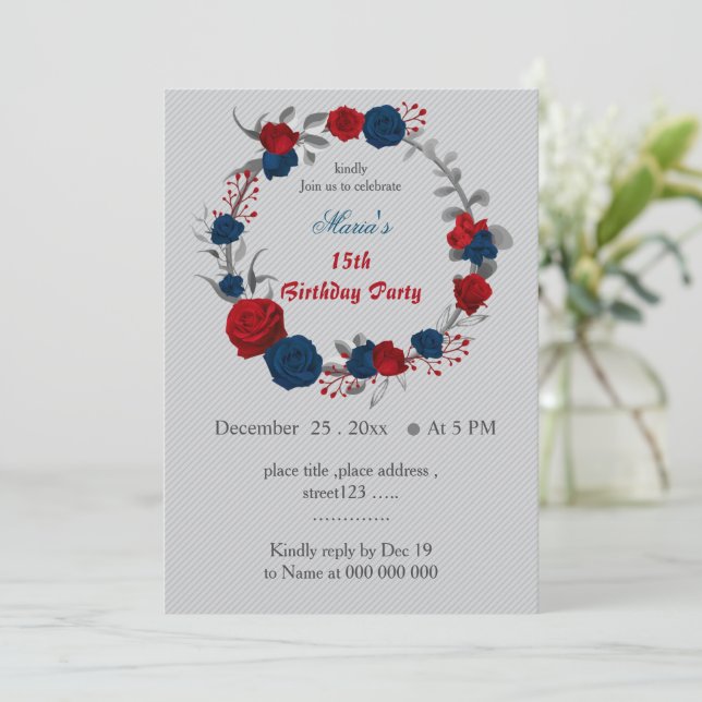 Invitation fleurs rouges et bleu marine fleur couronne annive (Debout devant)