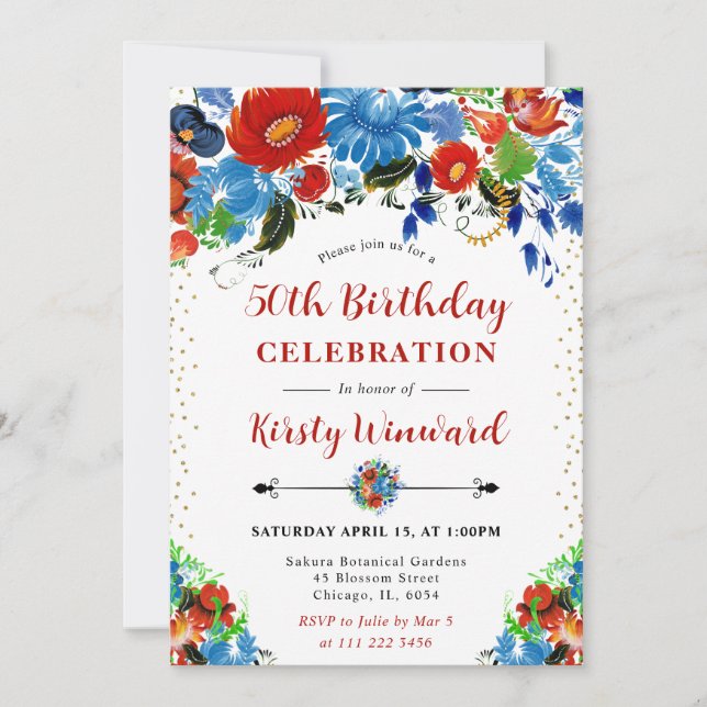 Invitation Fleurs rouges et bleues à l'aquarelle pour 50 ans (Devant)