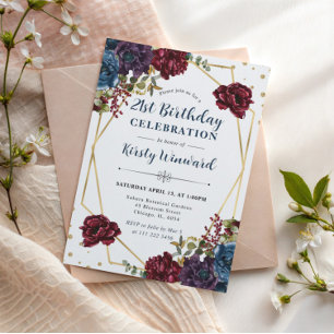 Invitation Fleurs rouges et bleues d'hiver Cadre d'anniversai