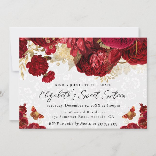 Invitation Fleurs rouges et dorées à l'aquarelle Sweet Sixtee (Devant)