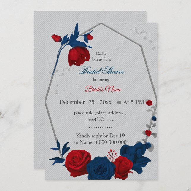 Invitation fleurs rouges et navy shower de mariage géométriqu (Devant / Derrière)