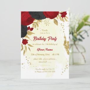 Invitation Fleurs rouges et noires or fête d'anniversaire