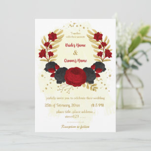 Invitation fleurs rouges et noires or mariage