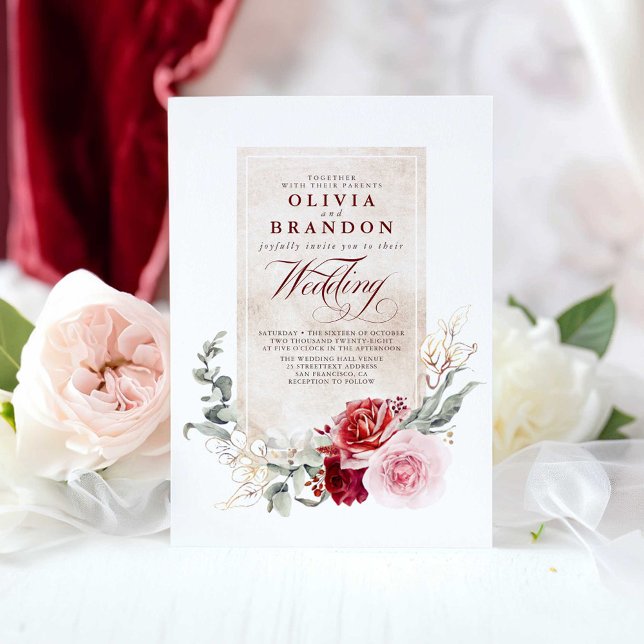 Invitation Fleurs rouges et roses bordeaux Mariage élégant (Burgundy red and pink floral chic wedding invitation)