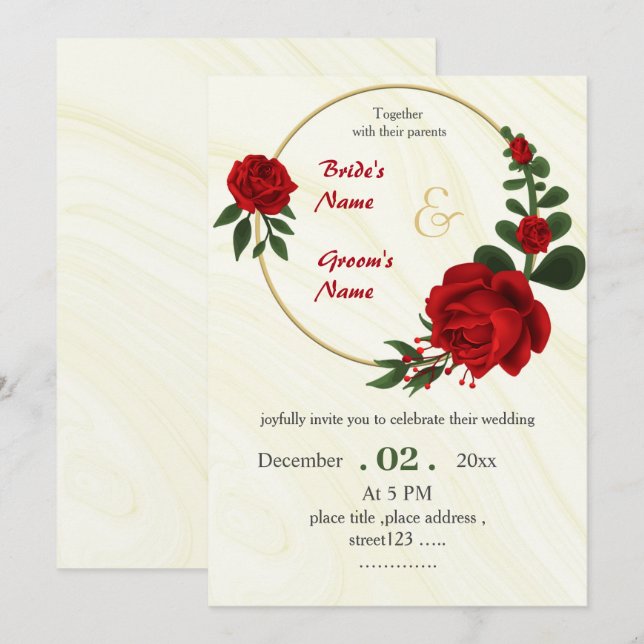 Invitation fleurs rouges feuillage or couronne (Devant / Derrière)