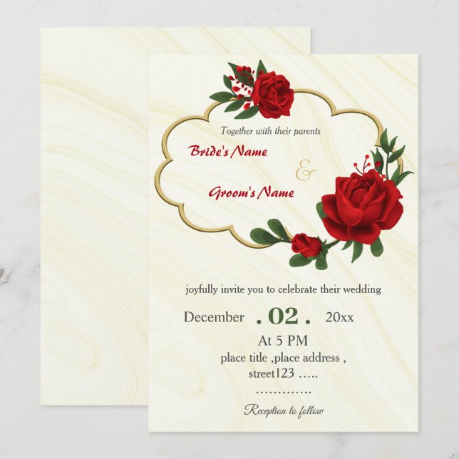 Invitation fleurs rouges feuillage or couronne mariage (Devant / Derrière)